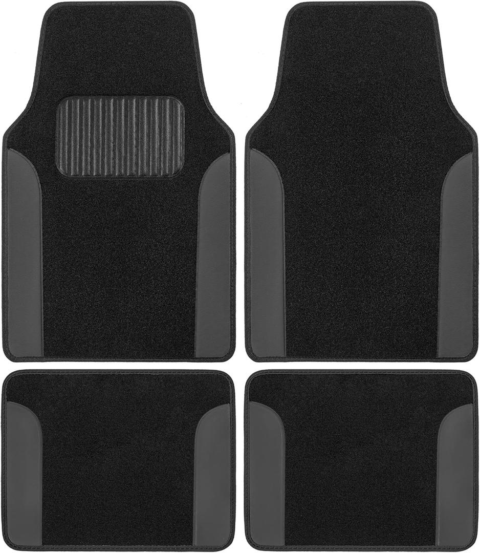 BDK Floor Mats for Cars, Two-Tone Carpet Car Floor Mats with Faux Leather Accents, Automotive Floor Mat Set with Built-In Heel Pad, Stylish Interior Car Accessories (Gray)