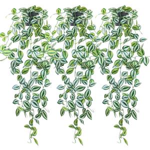 LOYWREE 3 Pack Fake Hanging Plants - Small Potted Plants with Green Eyebrow-Leaf Trailing Vines, Indoor Outdoor Aesthetic Decor for Office, Living Room Shelf & Home Accent (Black Pot)