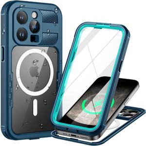 Lanhiem Magnetic for iPhone 15 Pro Max Case, IP68 Waterproof Dustproof Case, [Compatible with Magsafe] [Built-in Screen Protector] Full Body Heavy Duty Rugged Phone Cover 6.7 inch, Blue/Clear