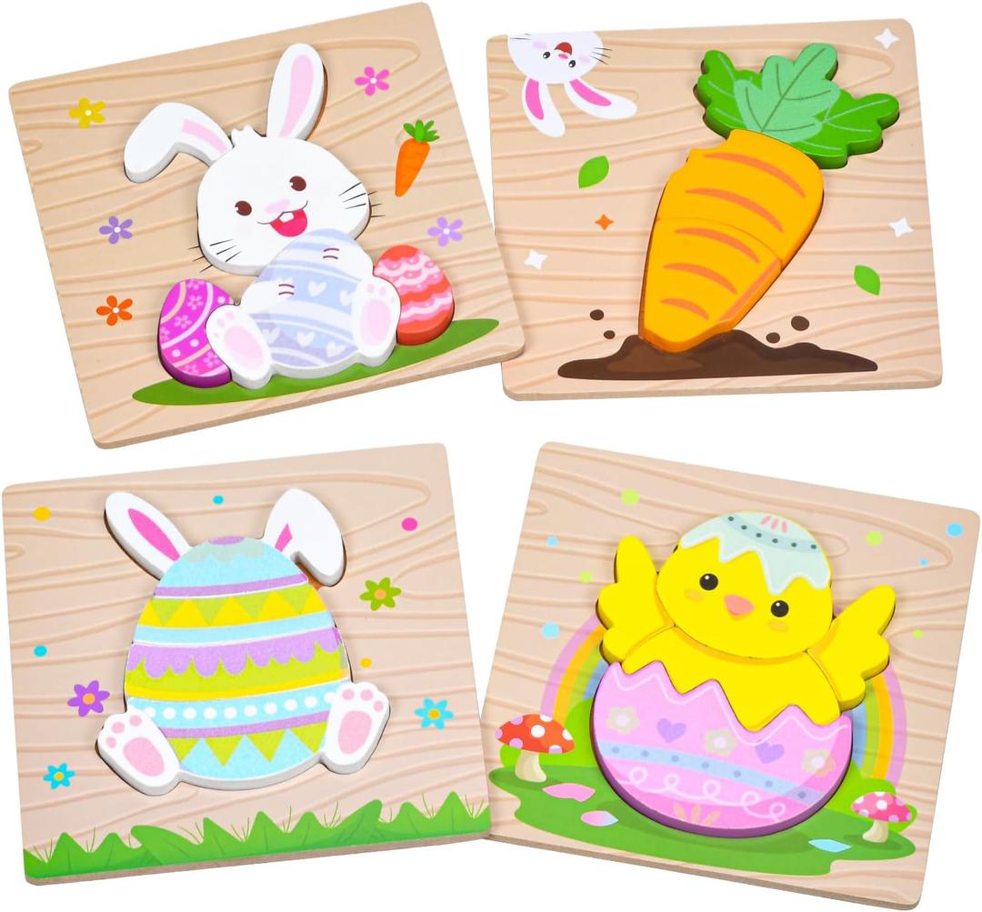 4 Pack Easter Wooden Puzzles for Kids Toddler Easter Basket Stuffers Toys Gifts Party Favor Boys Girls Classroom Exchange Toys