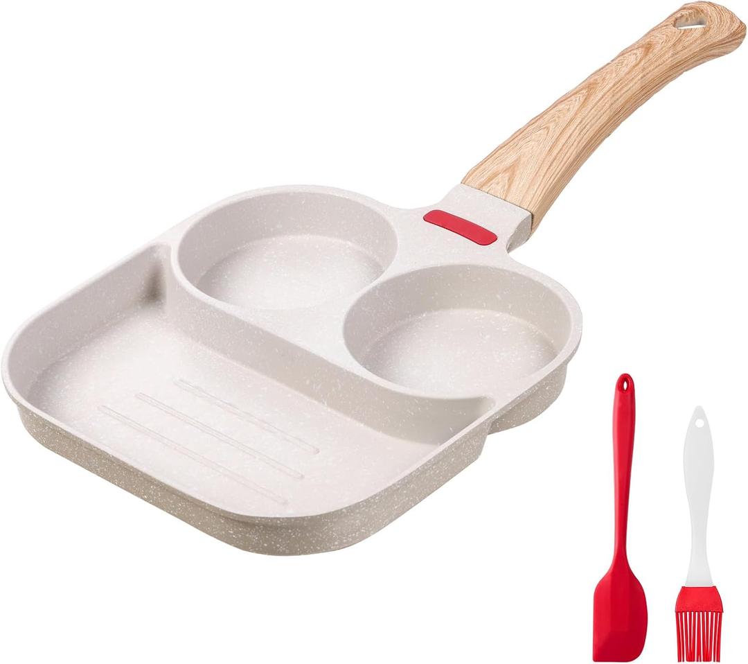 Egg Frying Pan Nonstick - 3 Section Egg Skillet 3-In-1 Divided Breakfast Grill Pan, 7.9" Omelette Pan Compatible with Gas Stove & Induction Cooktops, PFOA Free