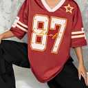 Oversized Jersey Shirts for Women Shirts Y2K Number Graphic Jerseys V Neck Cute Streetwear Tee Tops (Red, XL)