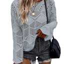 Allimy Womens Fashion Long Sleeve Hollow Out Crochet Crewneck Pointelle Knitted Top Blouses Pullovers Light Grey XXL (Gray, XXL)
