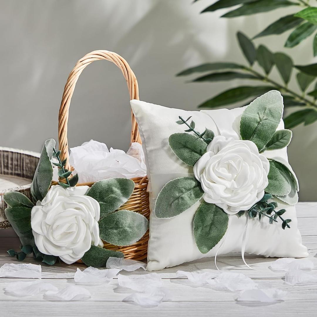 Rustic Flower Girl Basket and Ring Bearer Pillow Set with 600 Pcs Rose Petals Flower Girl Basket Boho Rustic Flower Basket Wedding Flowers Boho Flower Girl Gift