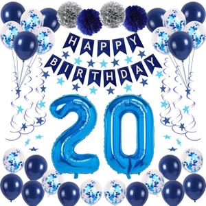 20th Blue Birthday Party Decorations for Boy Girl Men Women, Happy 20th Birthday Banner, 20 Number Balloons, Blue Star Streamers, Hanging Swirls
