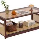 Welnow Rattan Coffee Tables for Living Room, Modern 2-Tier Coffee Table, Mid Century Rectangle Coffee Table with Storage Shelf & Glass Top, Large Boho Center Table for Apartment, Walnut, 42.5" X 20.8" X 16.5"