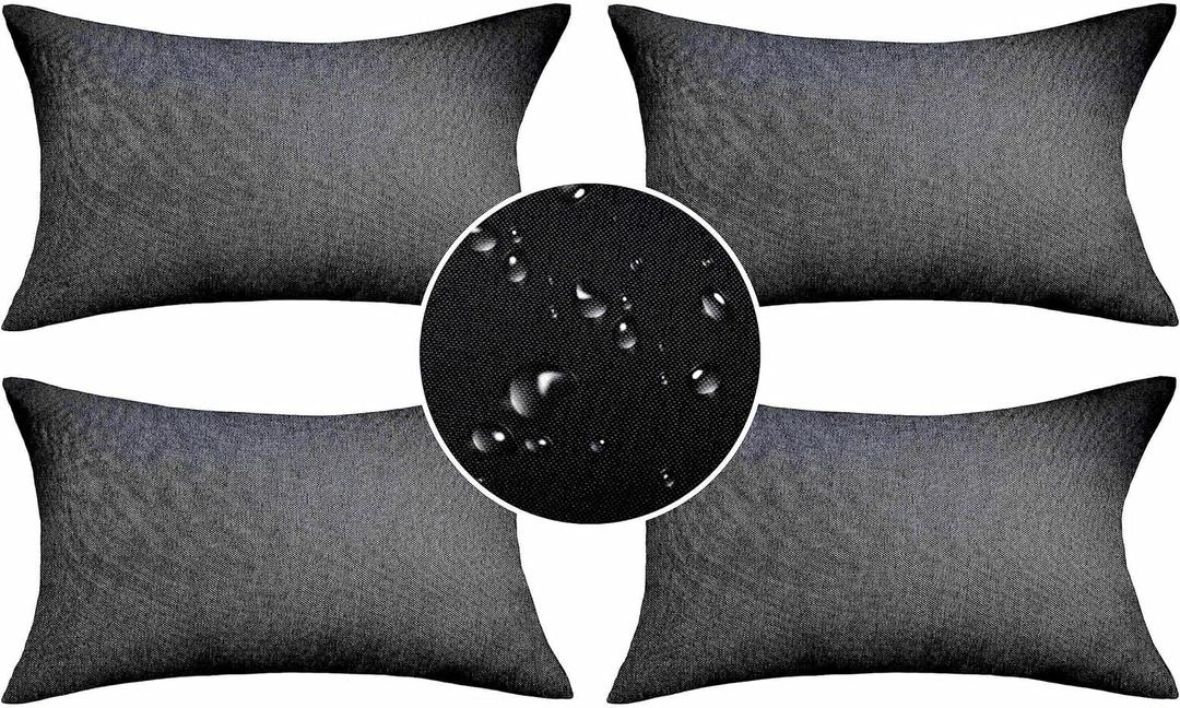 Demetex 12x20 Outdoor Pillow Covers Waterproof Throw Pillow Covers Rectangular Linen Pillow Cases for Couch Balcony and Patio, Set of 4, 12 x 20 Inch, Black