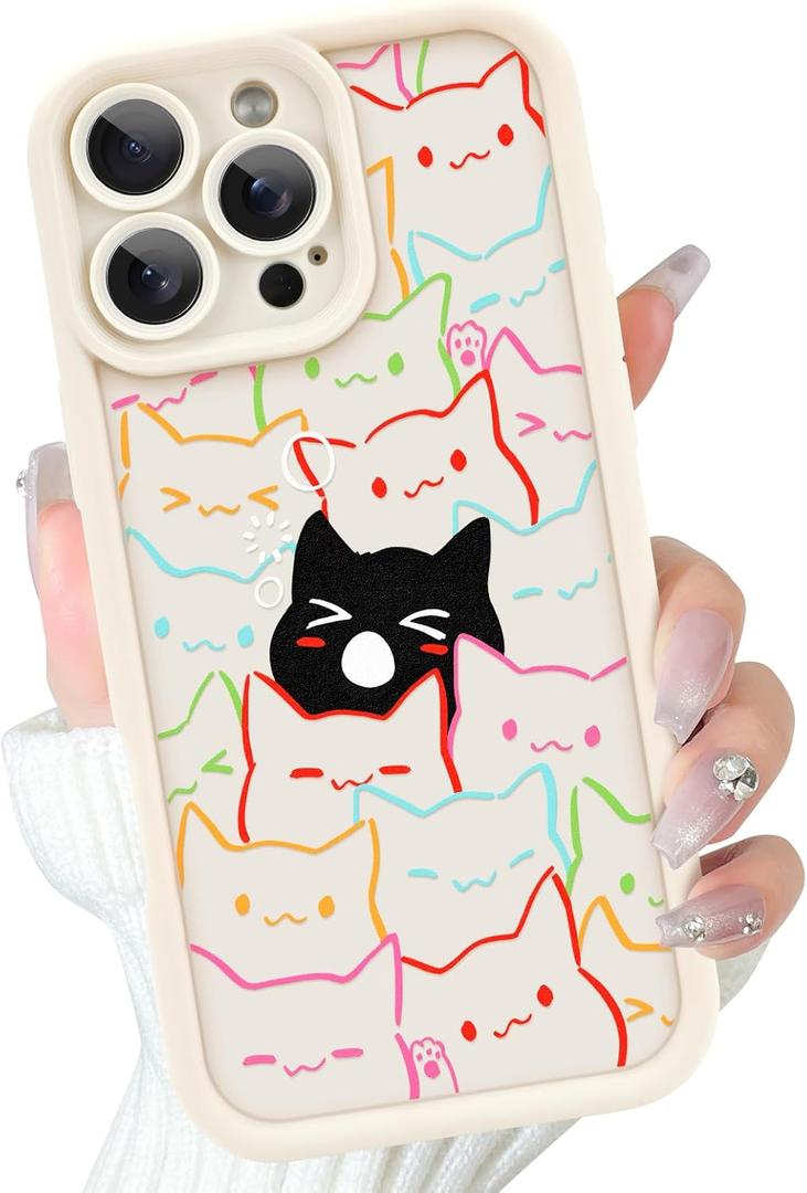 Cute Case for iPhone 16 Pro Max Case with Coloful and Black Cats Cat Pattern Design for Women Girls Boys, Aesthetic Kawaii Animal Soft Bumper Drop Protection Protective Phone Cover, White