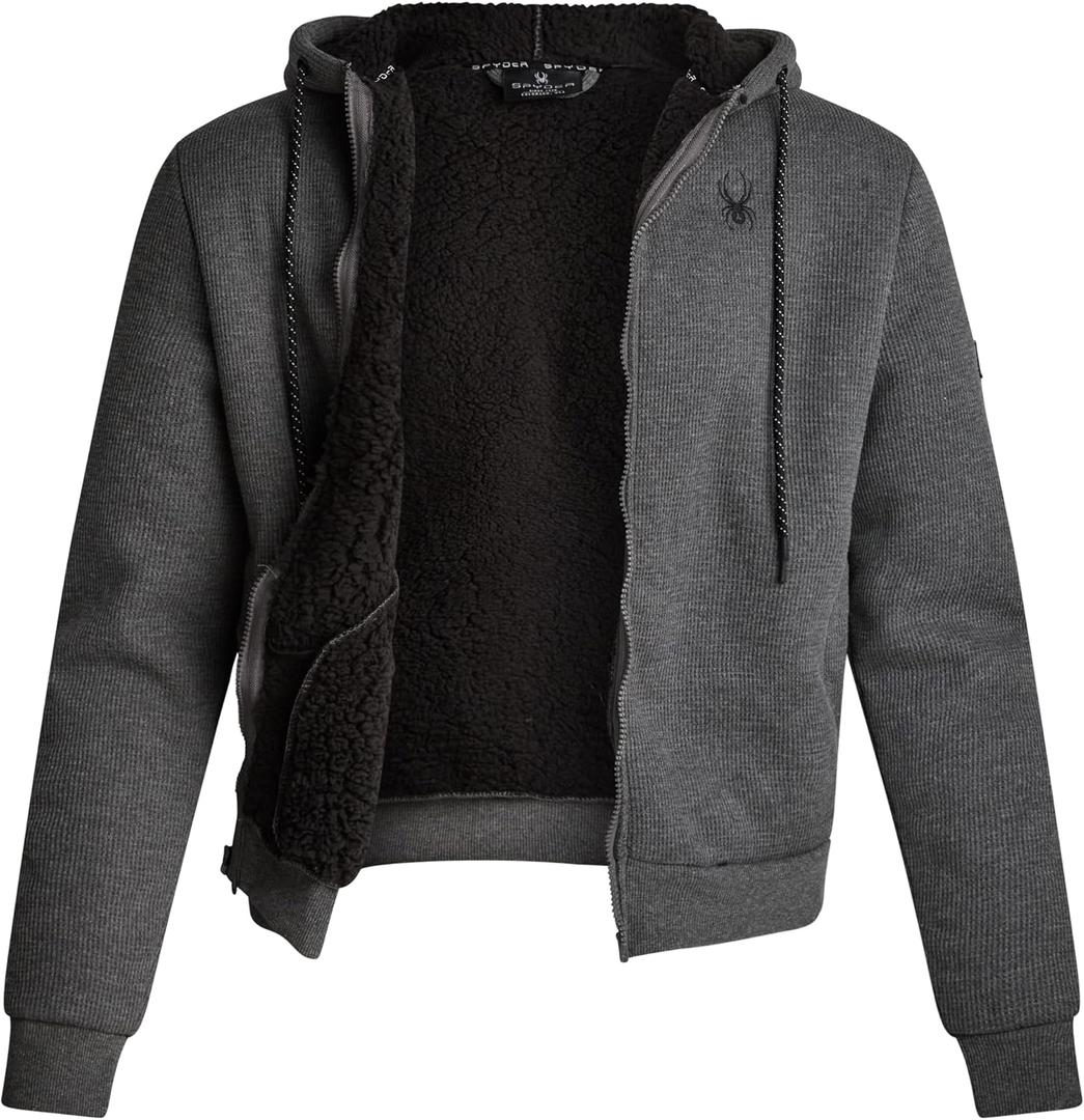 Spyder Mens Sherpa Fur Hoodie - Full Zip Up Lightweight Soft Sherpa Lined Waffle Knit Sweatshirt Jacket for Men (Medium, Charcoal Heather)