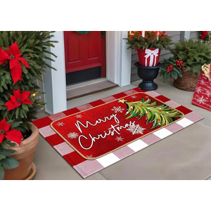 Tinideya 2 Pcs Christmas Door Mat Outdoor Whimsical Xmas Tree Front Doormat Nonslip Red and White Buffalo Plaid Layered Linen Rubber Xmas Rugs Merry Christmas Decor for Front Porch Entryway Outside
