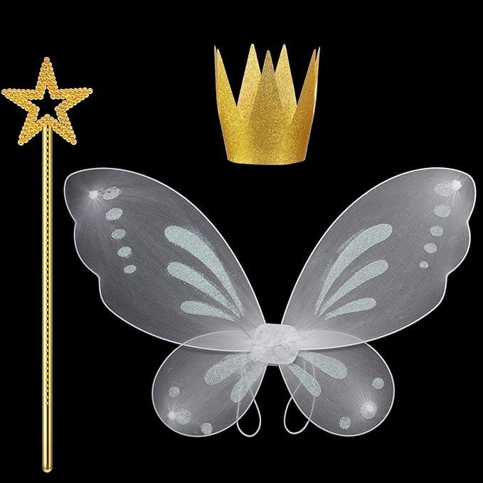 Sratte 3 Pcs Girls Fairy Costumes Fairy Star Wand and Gold Crown Fairy Wings for Girls Halloween Party Accessories Dress up Birthday Decorations