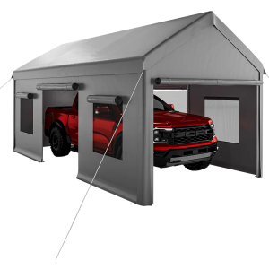 10 x 20FT Heavy Duty Carport with Roll-Up Windows, Portable Garage with Removable Sidewalls & Doors, Portable Car Tent Garage with Roll-Up Windows and All-Season Tarp, for Car, Truck,