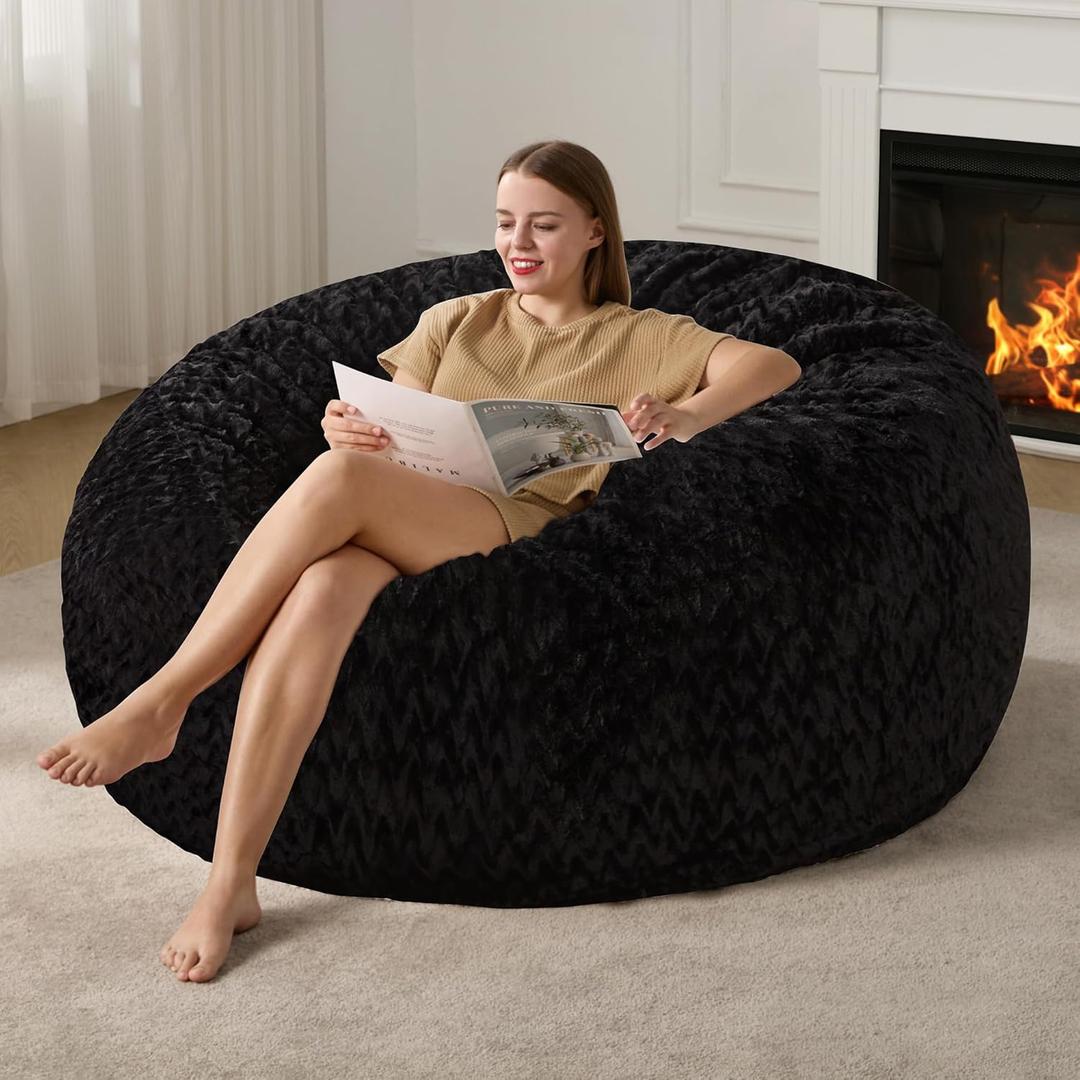 Hobestluk 5ft Bean Bag Chairs for Adults Large Beanbag Chair with Chevron Plush Fur Cover Big Bean Bag Chair for Living Room Bedroom Dorm Office - Black (50 x 50 x 24)