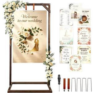 Wooden Welcome Sign Stand, Fixed Sign Holder , Wedding Welcome Sign Stand Wood Easel with Hanging Straps & Ground Stakes for Wedding decor, Birthday Party or Any Event, 63" x 30" x 11.8"