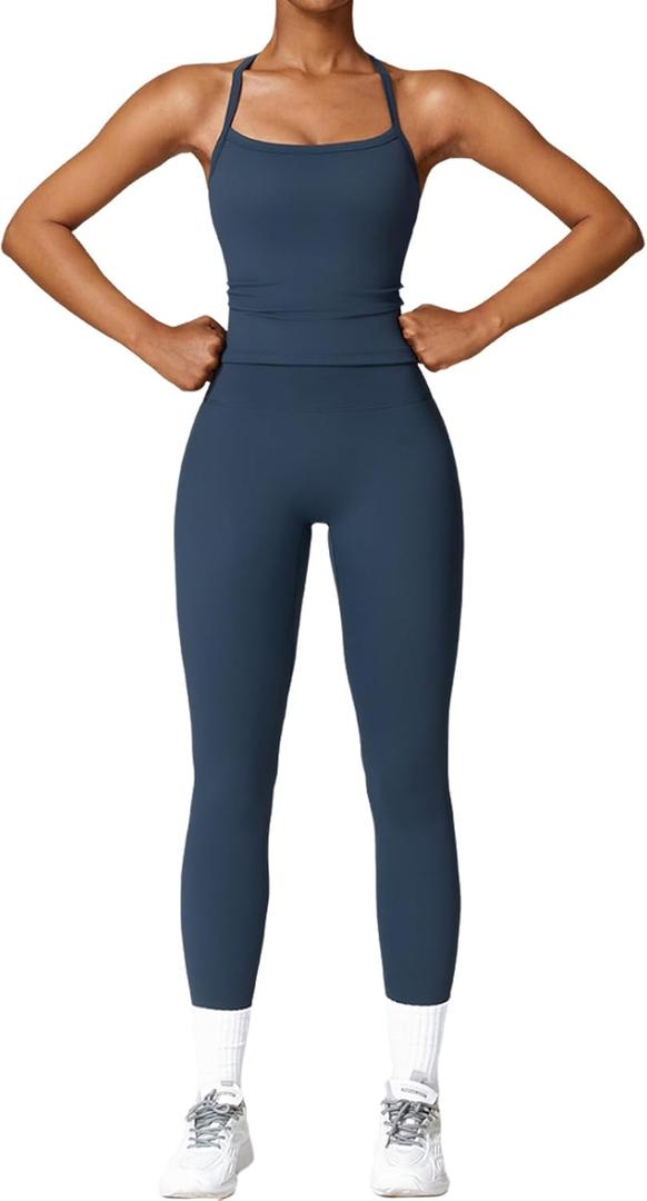 Womens Workout Sets Two Piece Seamless Stretch Cross Back Tank Top Matching Tummy Control High Waist Leggings Set 2 Piece For Women Gym Yoga Active Wear Outfits Athletic Work Out Clothes Dark Blue M