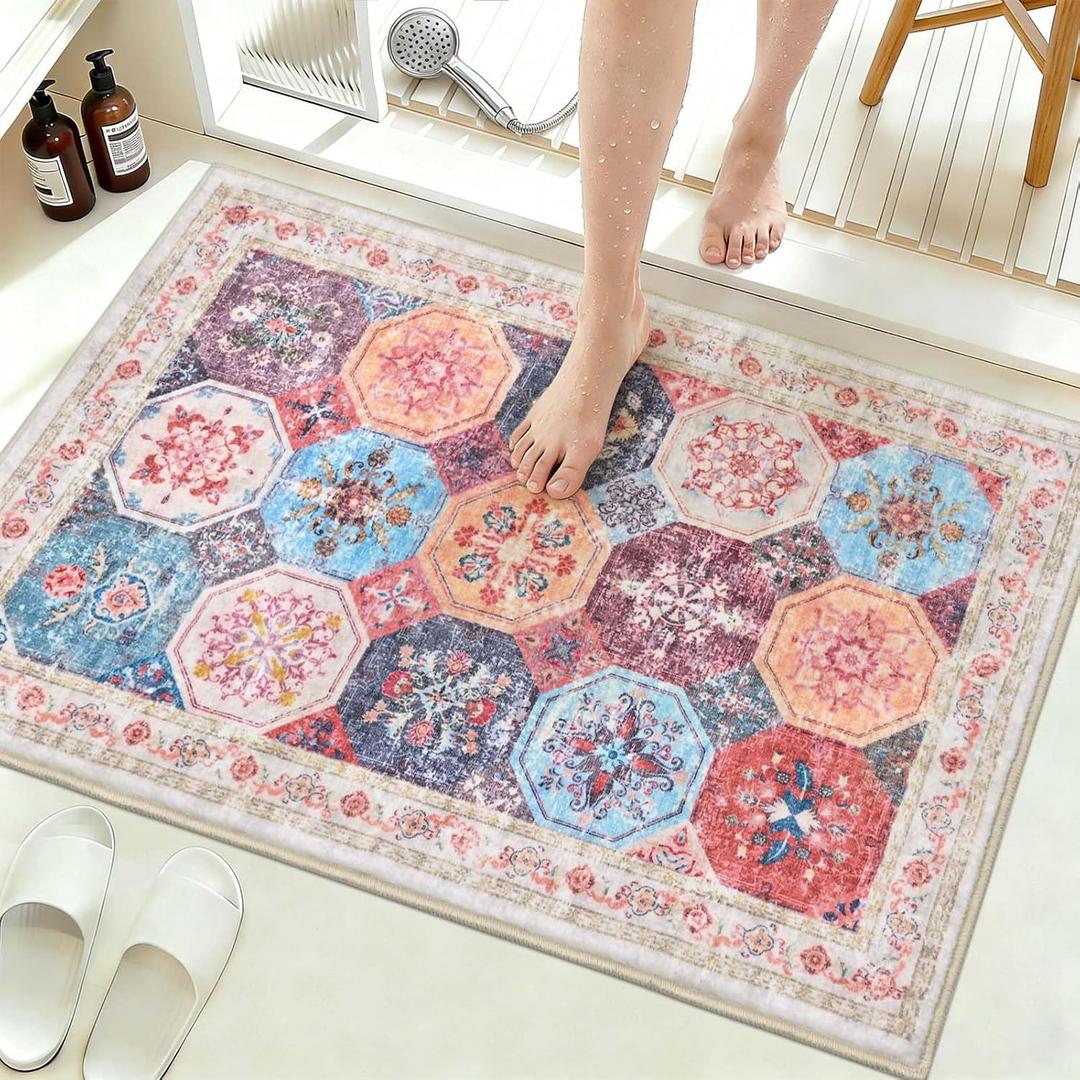 Yinhua Small Bathroom Rug Washable, 18x26 Inch Boho Bathroom Rugs Non Slip, Absorbent Vintage Bath Mat Soft Shaggy, Colorful Bath Mat Quick Dry for Sink Shower Bathtub