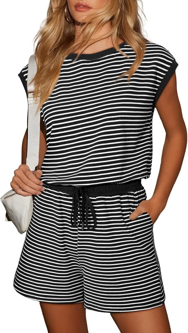Dokotoo Women's Summer Casual Rompers Striped Shorts Overalls Adjustable Drawstring Waist Jumpsuits One Piece Outfits (Black, M)