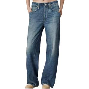 Women's Wide Leg Jeans Look Like Denim Cotton Terry Pull-On Print Denim Sweatpants with Elastic Waistband, Size M