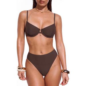 SUUKSESS Women High Waisted Underwire Bikini Set Cheeky High Cut 2 Piece Swimsuit (Brown, M)