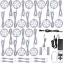 Under Cabinet LED Puck Lighting, Book Case Display Accent Lighting, Octopus Connection, 110VAC Wall Plug & Hard Wire, Inline Remote Dimmable, Cool White, 16 Lights