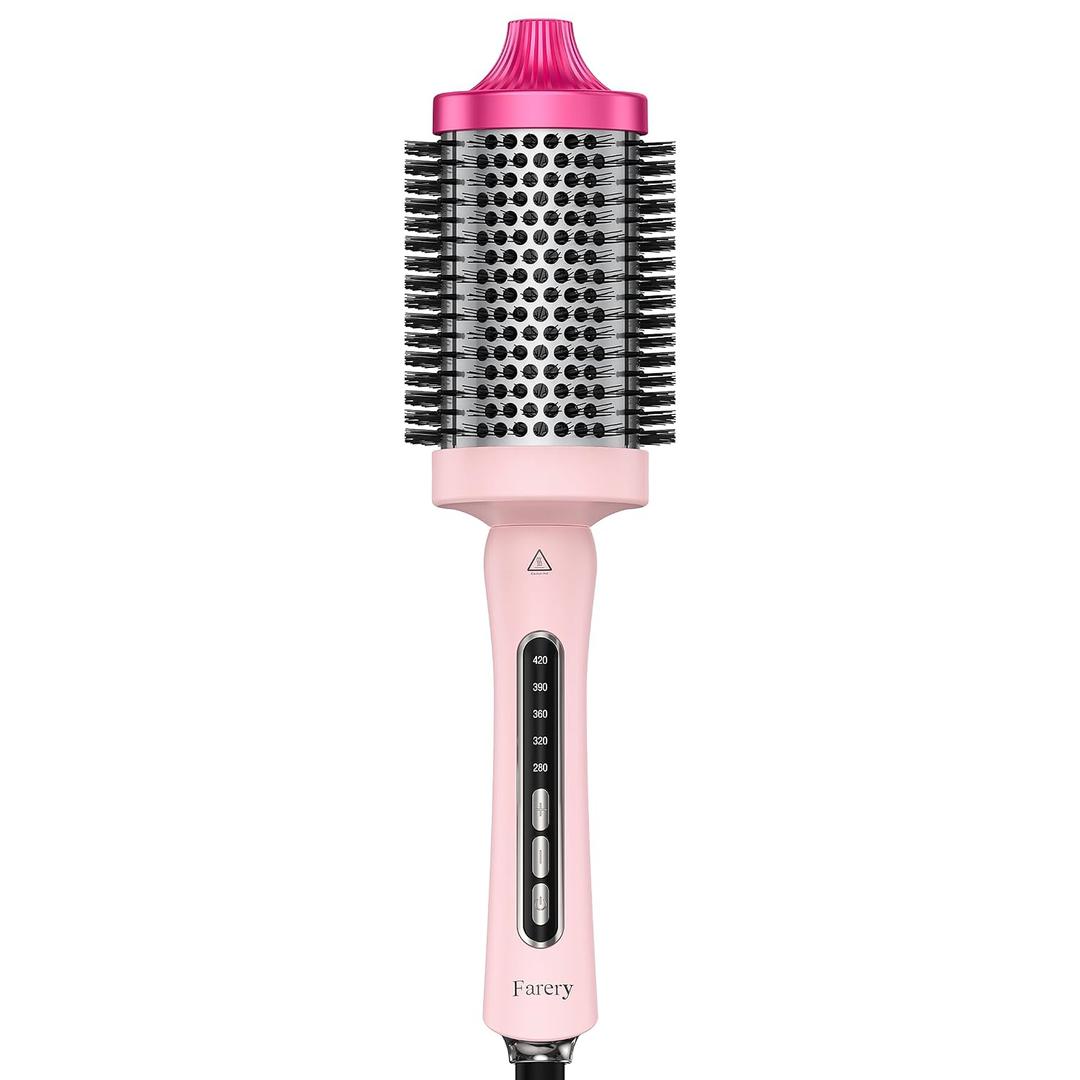 Farery 2.4" Thermal Brush, Large Barrel Heated Round Brush with Triple PTC & 5 Heat Settings (280-420F), Lightweight Dual Voltage for Voluminous Big Curls, Waves & Straightening Long Hair, Pink