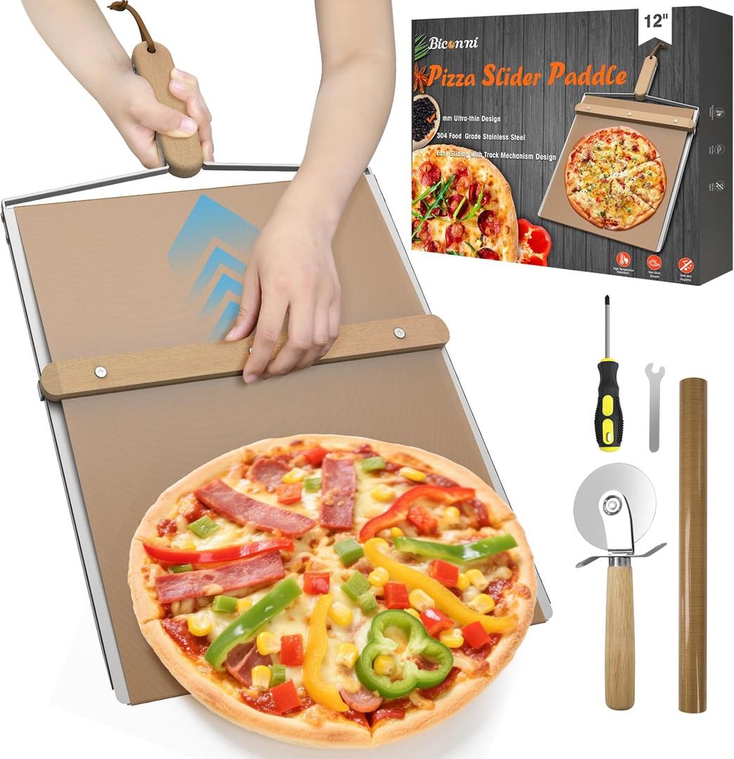 Sliding Pizza Peel, Pizza Slider Paddle with Pizza Cutter Rocker, Non-Stick Pizza Peel Slider with Handle Detachable Transfers pizza shovel, 12" Stainless Steel Sliding Pizza Peels with Baking cloth