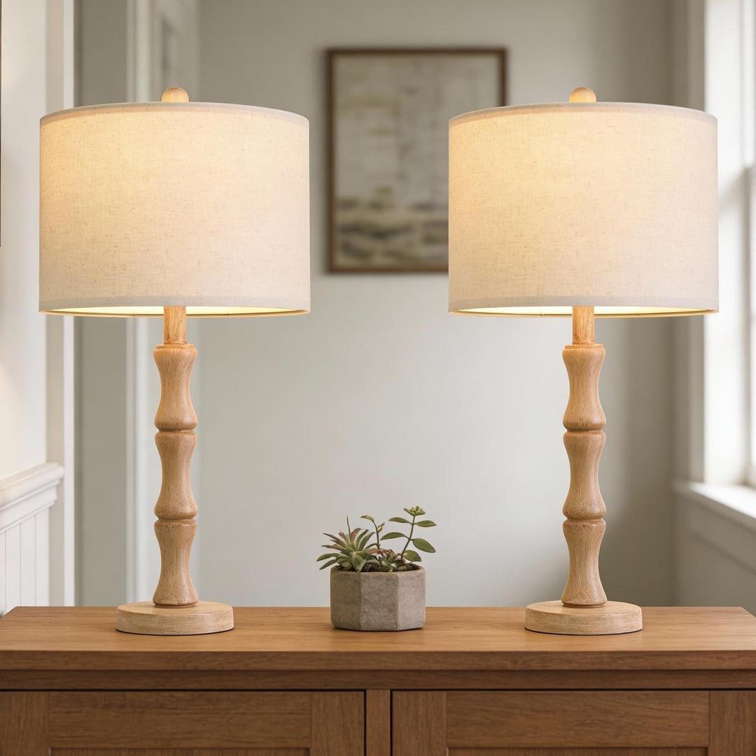 BOBOMOMO 25" Farmhouse Table Lamps Set of 2, Rustic Nightstand Lamps with Wood Grain Resin Base & Linen Shade, Standard Table Lamps for Bedroom, Living Room, Reading Nock & House Dcor