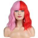 BERON 14 Inches Half Pink Half Red Wig with Bangs Short Curly Wig Pink Red Split Curly Wigs for Women Daily Party or Cosplay Hairnet Include