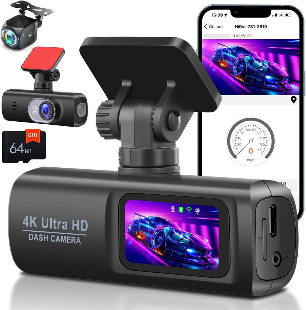 UNITOPSCI 4K Wireless Dash Cam Front and Rear, WiFi Dash Cam with 64GB Card, 4K+1080P Dash Camera for Cars, WiFi Dashcam with App Control, 1.47 IPS Screen 24H Parking Monitor/Loop Record/G-Sensor