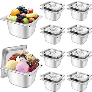 10 Set Stainless Steel Hotel Pans with Lids 1/6 Size 4 Inch Deep Steam Table Pans Food Containers Catering Food Storage Metal Pan Lid Anti-Jam Steam Pan Cover for Commercial Restaurant Hotel Buffet