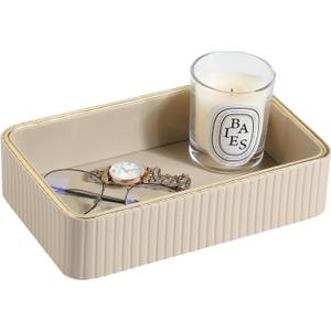 Desk Organizer Tray, PU Leather Valet Tray Nightstand Organizer Cologne Perfume Trays for Men Women, Decorative Vanity Trays Key Bowl Trinket Dish (Beige, 9.5" x 6" x 2.2")