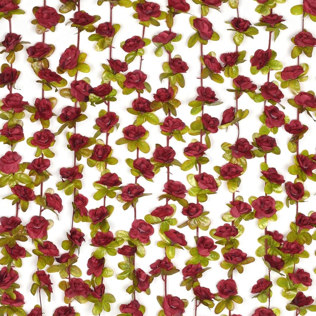 BLEUM CADE 12Pcs 98.4Ft Flowers Garland Artificial Rose Vines for Bedroom, Cute Fake Hanging Flower Vines Floral Garland Decorations for Wedding Party Wall Room Decor Aesthetic (Burgundy Red)