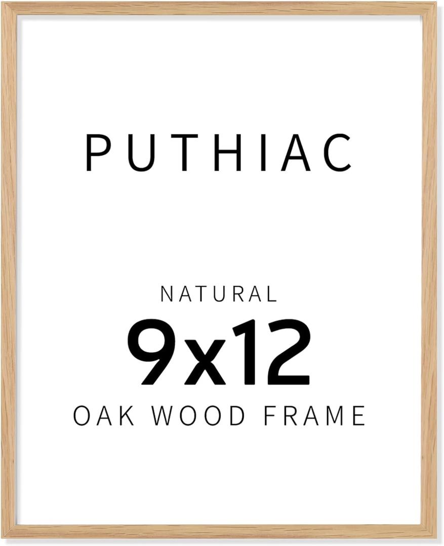 puthiac 9x12 Solid Oak Wood Picture Frame, Fits 6x8 with Mat or 9x12 Without Mat, Wall or Tabletop Display with Stand, Vertical or Horizontal, Plexi Front, 1 Pack, Natural Oak