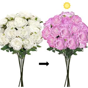 SNAIL GARDEN Color Changing Artificial Roses, 15 Blooms White to Purple Realistic Silk Flowers, 25.5" Long Stem White Artificial Roses for Wedding Centerpieces Home Decor DIY Bouquets