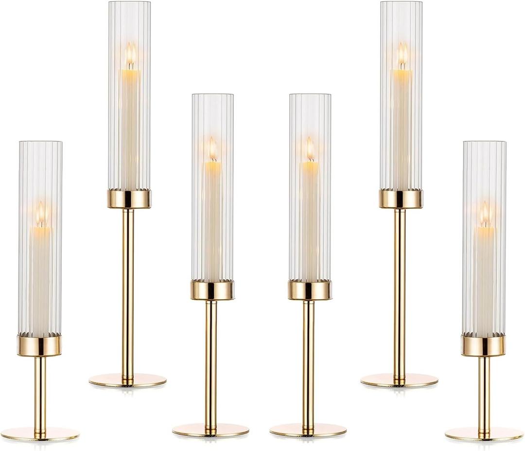 Gold Hurricane Candle Holders, Set of 6 for Glass Windproof Candlestick Holders,Tall Taper Candle Sticks Holder Decor for Home Decor, Wedding, Dinning, Party Decorative, Anniversary,Valentine (6 Pcs)