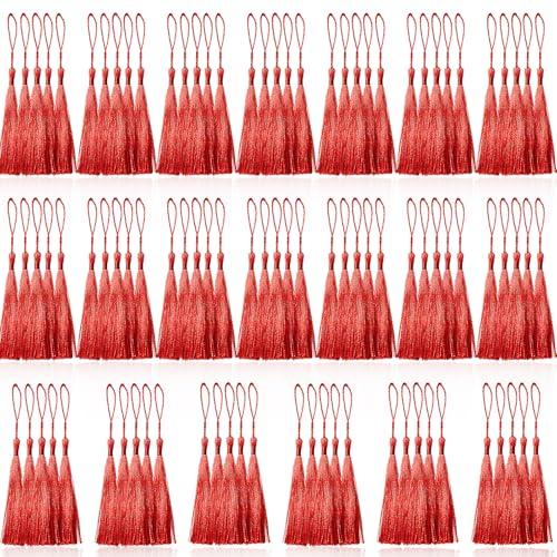 Creatrill 100 Pcs Red Mini Tassels 13cm/5 Inch with Loops for Bookmarks, Jewelry Making, DIY Projects