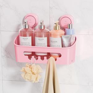 LEVERLOC Shower Caddy Suction Cup, Shower Organizer Removable Bathroom Shelf, Storage Suction Powerful Max Hold 22lbs Bathroom Caddy Waterproof Holder, Pink