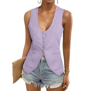 Tankaneo Womens Scoop Neck Blazer Vest Summer Linen Sleeveless Fitted Waistcoat Work Casual Cotton Suit Tops S