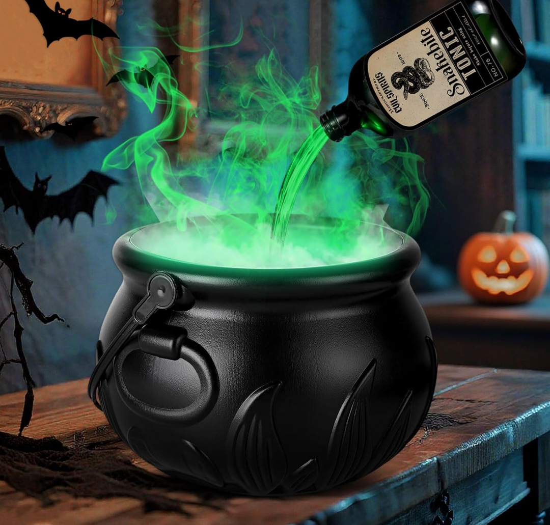 Pack Of 2 Halloween Decor Indoor, Witches Cauldron with Magic Floating Potion Bottle, Light-Up Cauldron Halloween Decor for Indoor Spooky Party Table, Fireplace, Kitchen - Green Mist Magic Set