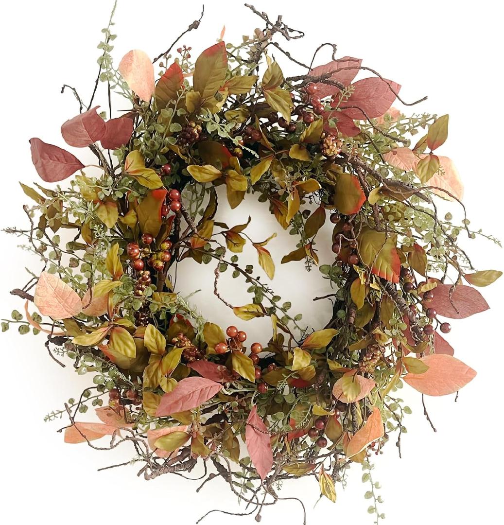 26'' Large Fall Wreath for Front Door, Porch, Window- Artificial Boxwood Leaves Outdoor Autumn Wreath for Home, Farmhouse Wall Thanksgiving Day Harvest Festival Decor