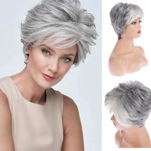 Short Gray Wigs for White Women Pixie Cut Wig with Bangs Natural Synthetic Hair Wigs for Daily Use