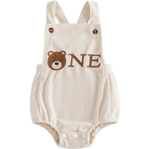Baby Boy First Birthday Outfit Bear Letters Print Sleeveless Romper bodysuit Cake Smash Outfit Birthday Clothes (Beige, Size 6-12 M)