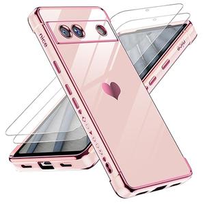 LeYi for Google Pixel 7A Case: with Tempered Glass Screen Protector [2 Pcs]+ Full Camera Lens Protection, Love Heart Plating Girly Women Cute Luxury Soft TPU Shockproof Case, Pink