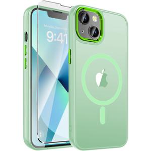 WRJ Magnetic Case for iPhone 13,iPhone 14 Case with Screen Protector, Magnetic Translucent [Compatible with Magsafe] Slim Anti-Fingerprints Shockproof Protective Cover for Women Men-Matcha Green