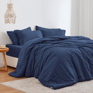 Love's cabin Seersucker Dark Blue King Size Comforter Set 7 Pieces, All Season Bedding Set, King Bed in a Bag Comforter Set with Comforter, Flat Sheet, Fitted Sheet, Pillowcase and Pillow Sham (King (102"X90"))