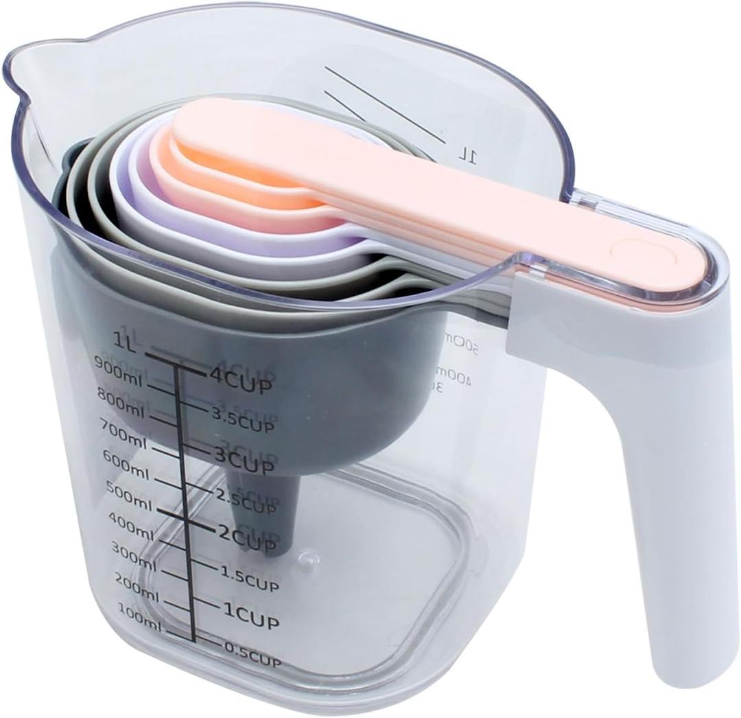 COOK WITH COLOR Measuring Cup Set - 9 PC. Nesting Stackable Liquid Measure Cup, Dry Measuring Cups and Spoons with Funnel and Scraper (Grey and Pink)