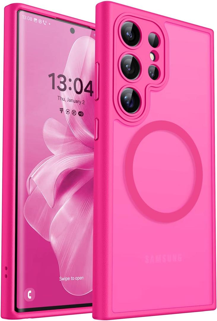 CANSHN Designed for Samsung Galaxy S22 Ultra Case [Full Camera Protection] [Compatible with MagSafe] Translucent Matte Shockproof Protective Phone Cover 6.8 Inch - Hot Pink
