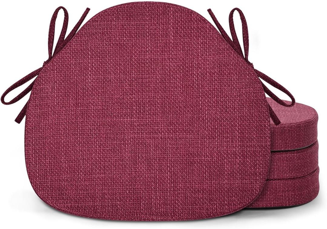 Shinnwa Dining Chair Cushions Set of 4, High-Resilience Foam Windsor Seat Pads, Kitchen Chair Cushions with Ties & Textured Cover, 4 Pack, 16.5 x 15.5 x 2, Dark Red