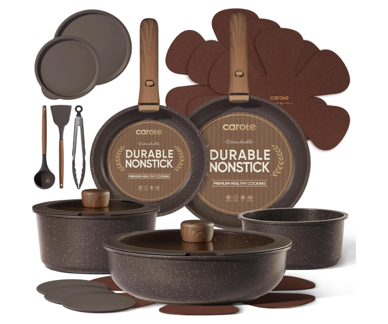 CAROTE 21PCS Pots and Pans Set Non Stick with Detachable Handle, Nonstick Cookware Sets, Cooking Kitchen Set, Oven/Dishwasher Safe, Induction Cookware, Brown, RV Kitchen Pot and Pan