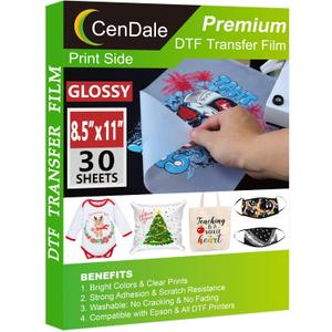 CenDale  DTF Transfer Film 8.5"x11" - 30 Sheets Single-Sided  Clear PreTreat Sheets PET Heat Transfer Paper for DIY Direct Print on All Fabric and Colors T-Shirts Textile